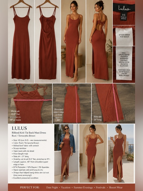Lulus Dresses & Skirts - Lulus Rust Ribbed Maxi Dress XS Stretch Tie Back Side Slit
